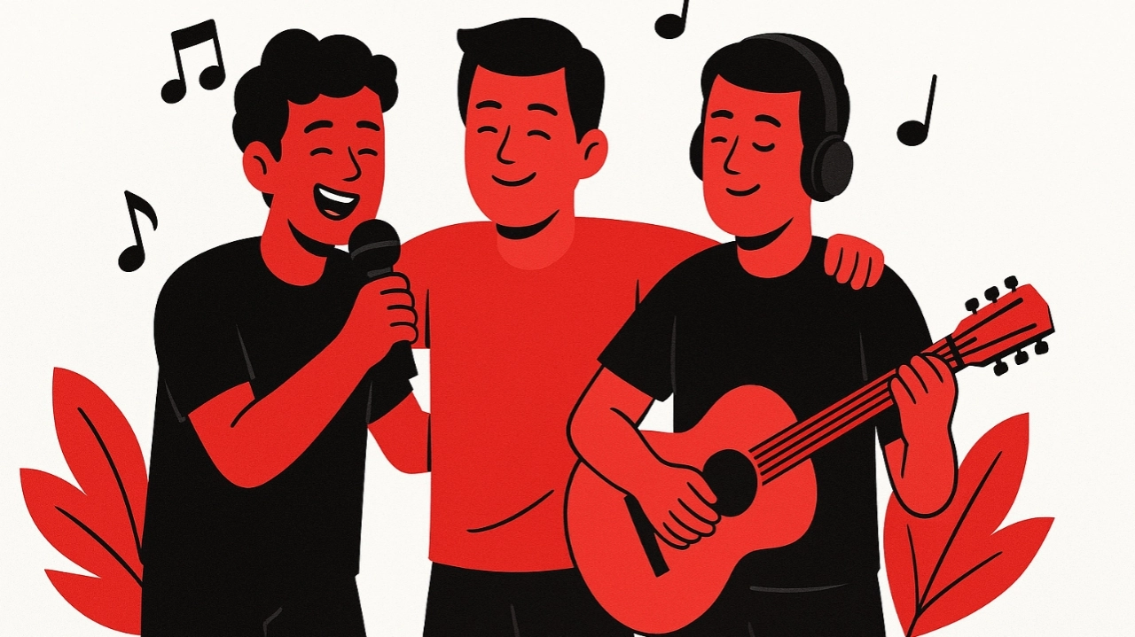 Illustration of three friends bonding over music, with one singing, one playing guitar, and one smiling, in red and black color scheme on a white background – Friendship Day celebration.