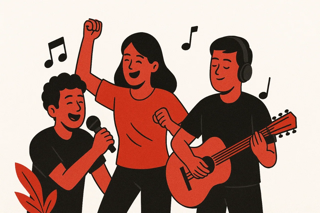 Illustration of three friends enjoying music together—one singing, one dancing, and one playing guitar—set in red and black colors on a white background, representing Tamil Friendship Day songs.