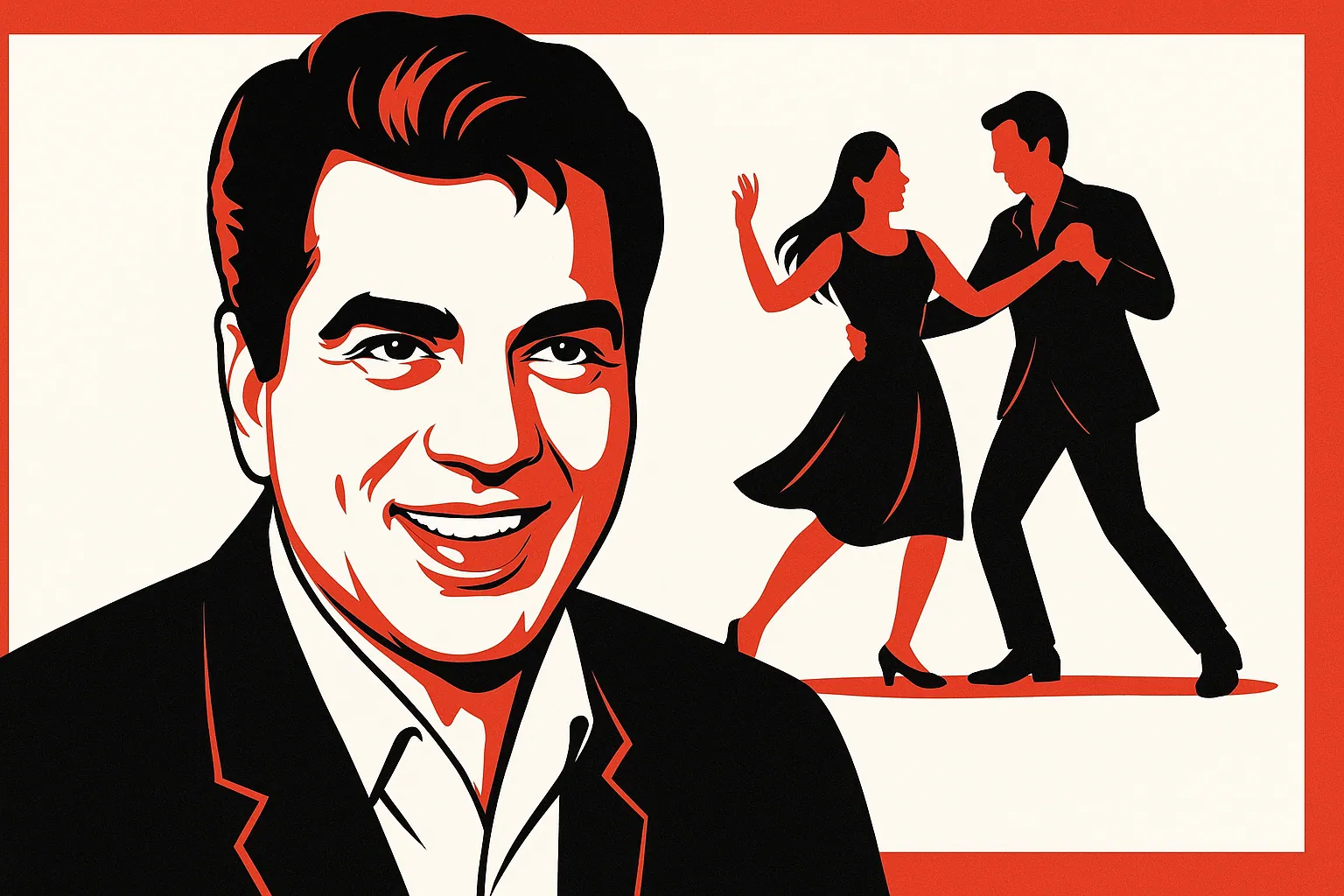 Vintage-style digital illustration of actor Dharmendra smiling in the foreground with a couple dancing in the background, all in red, black, and white colors, representing classic Bollywood movie songs.