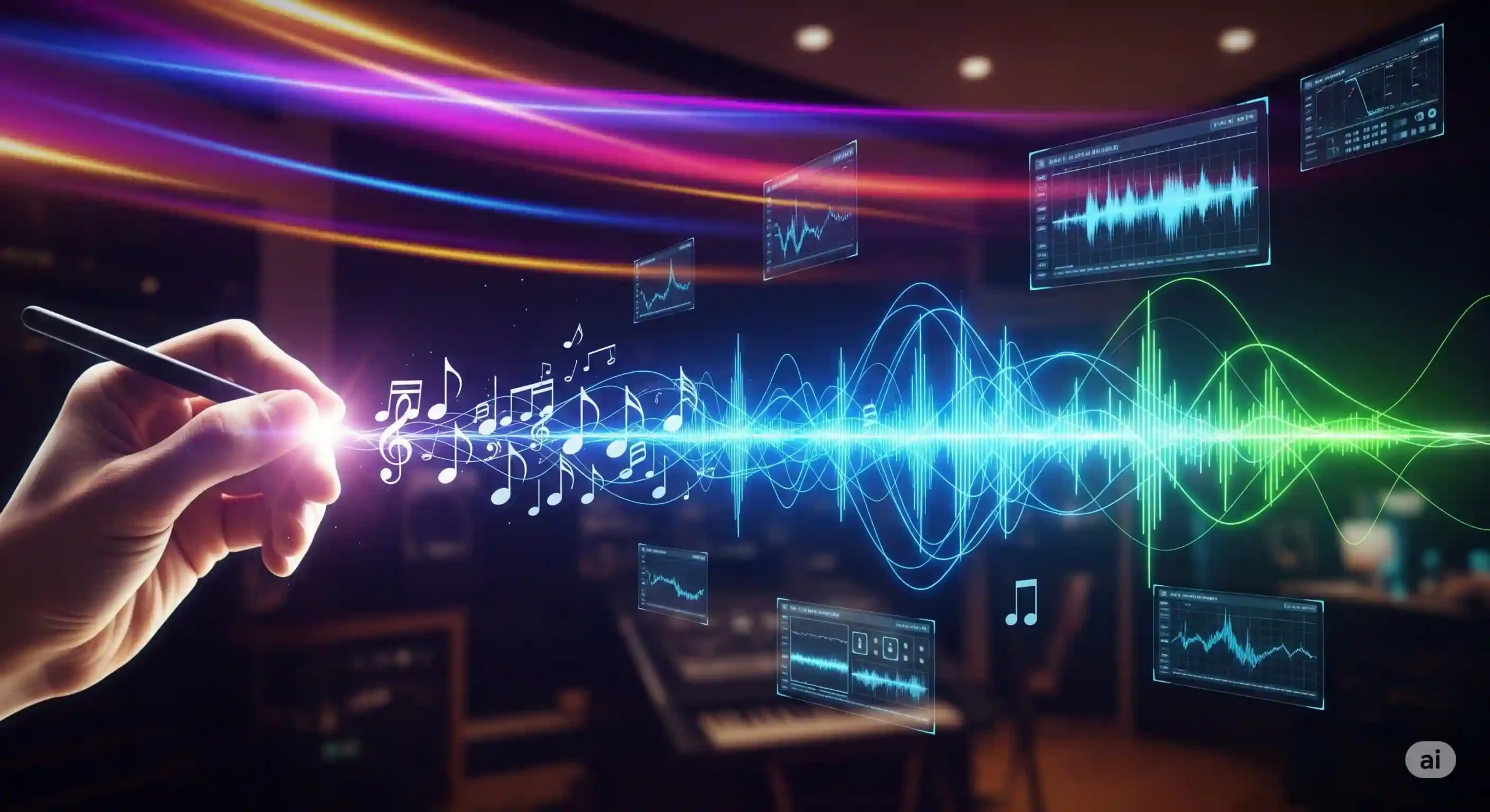 An illustration of a hand drawing musical notes that turn into glowing digital sound waves.