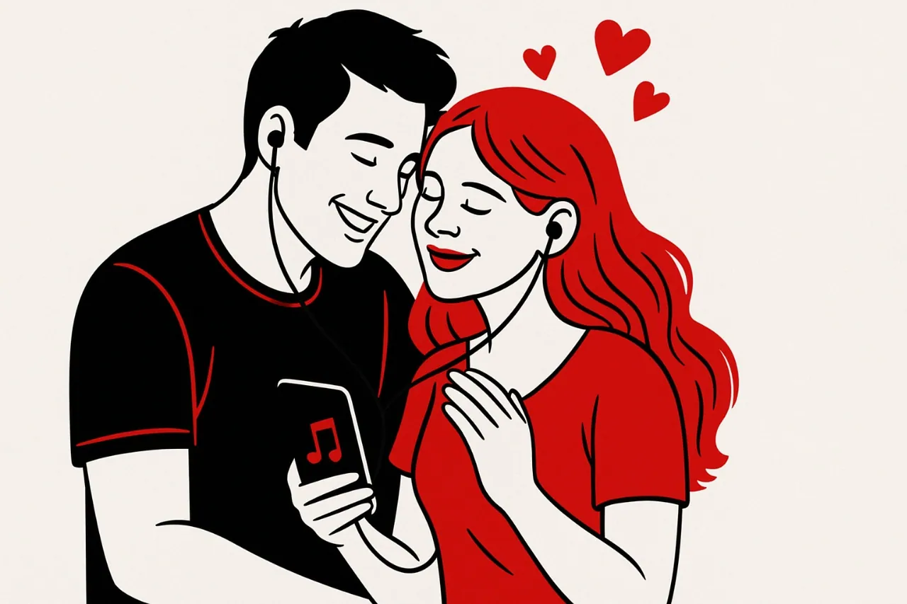 Digital illustration of a couple listening to music together using shared earphones, with red and black accents on a white background, symbolizing love and connection for a Girlfriend Day songs playlist.