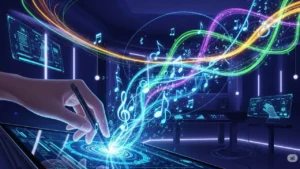 An illustration of a hand drawing musical notes that turn into glowing digital sound waves.