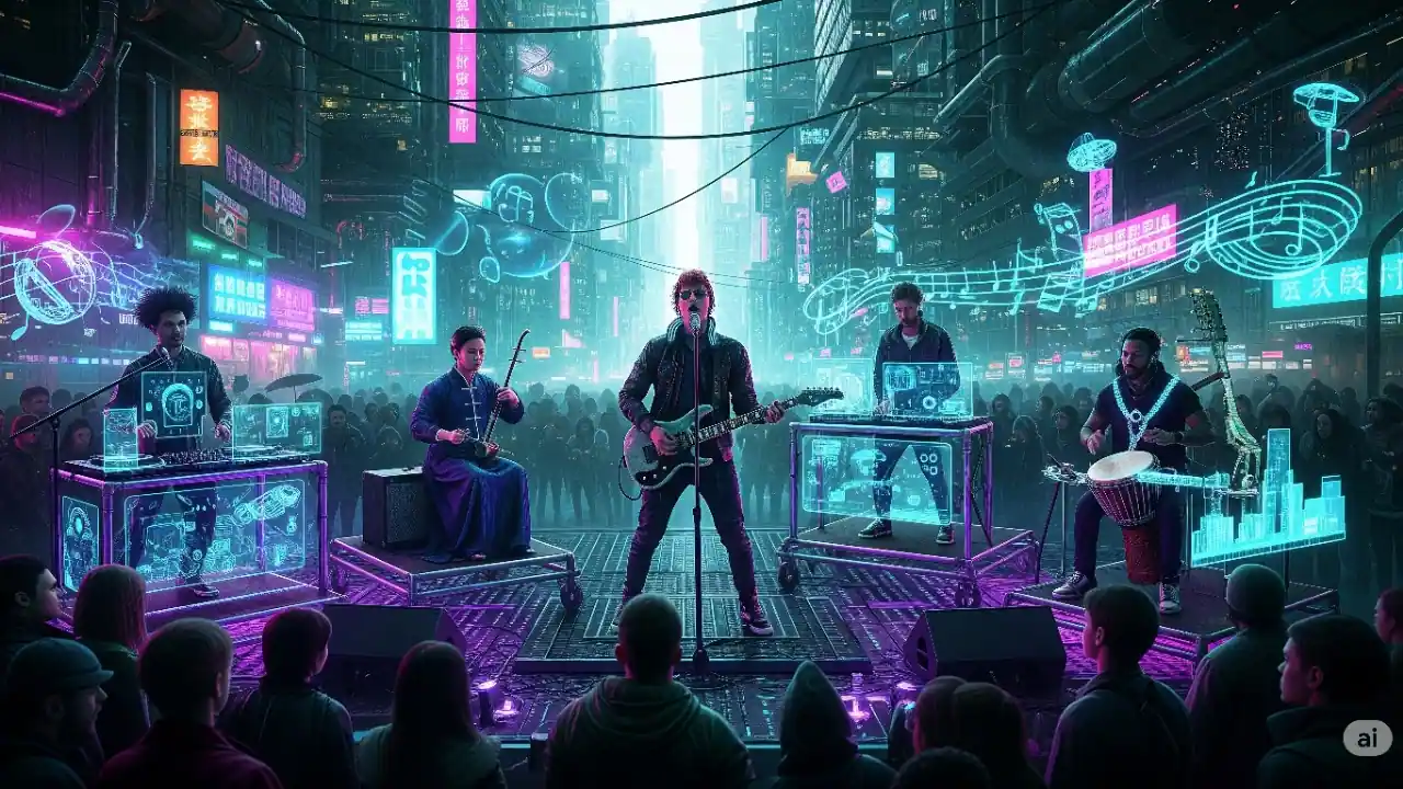 Musicians perform on a futuristic stage with holographic visuals, blending diverse instruments and technology.