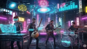 Musicians perform on a futuristic stage with holographic visuals, blending diverse instruments and technology.