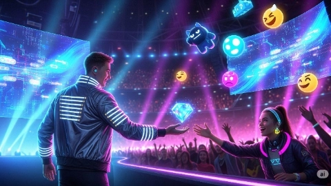 An artist on stage hands a glowing NFT to a fan.