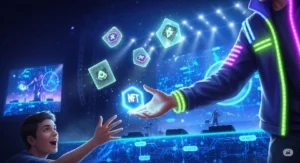 An artist on stage hands a glowing NFT to a fan.