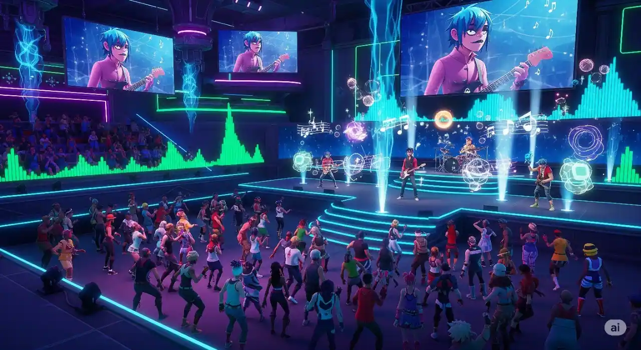 A concert with an animated band on a stage in a virtual world, with gamer avatars in the audience.