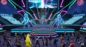 A concert with an animated band on a stage in a virtual world, with gamer avatars in the audience.