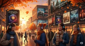 People in autumn clothes with headphones on a bustling city street with billboards displaying 2025 album covers and tour dates.