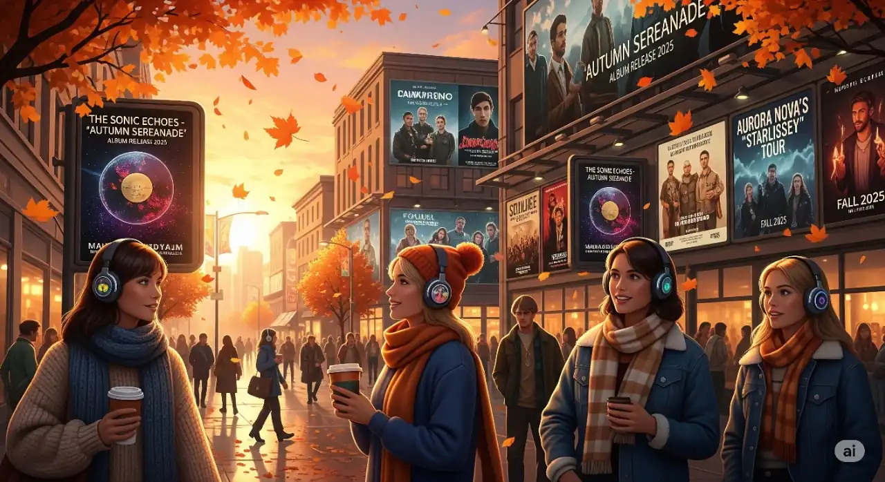 People in autumn clothes with headphones on a bustling city street with billboards displaying 2025 album covers and tour dates.