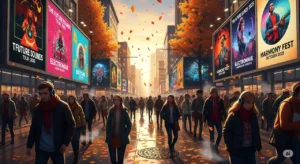 People in autumn clothes with headphones on a bustling city street with billboards displaying 2025 album covers and tour dates.