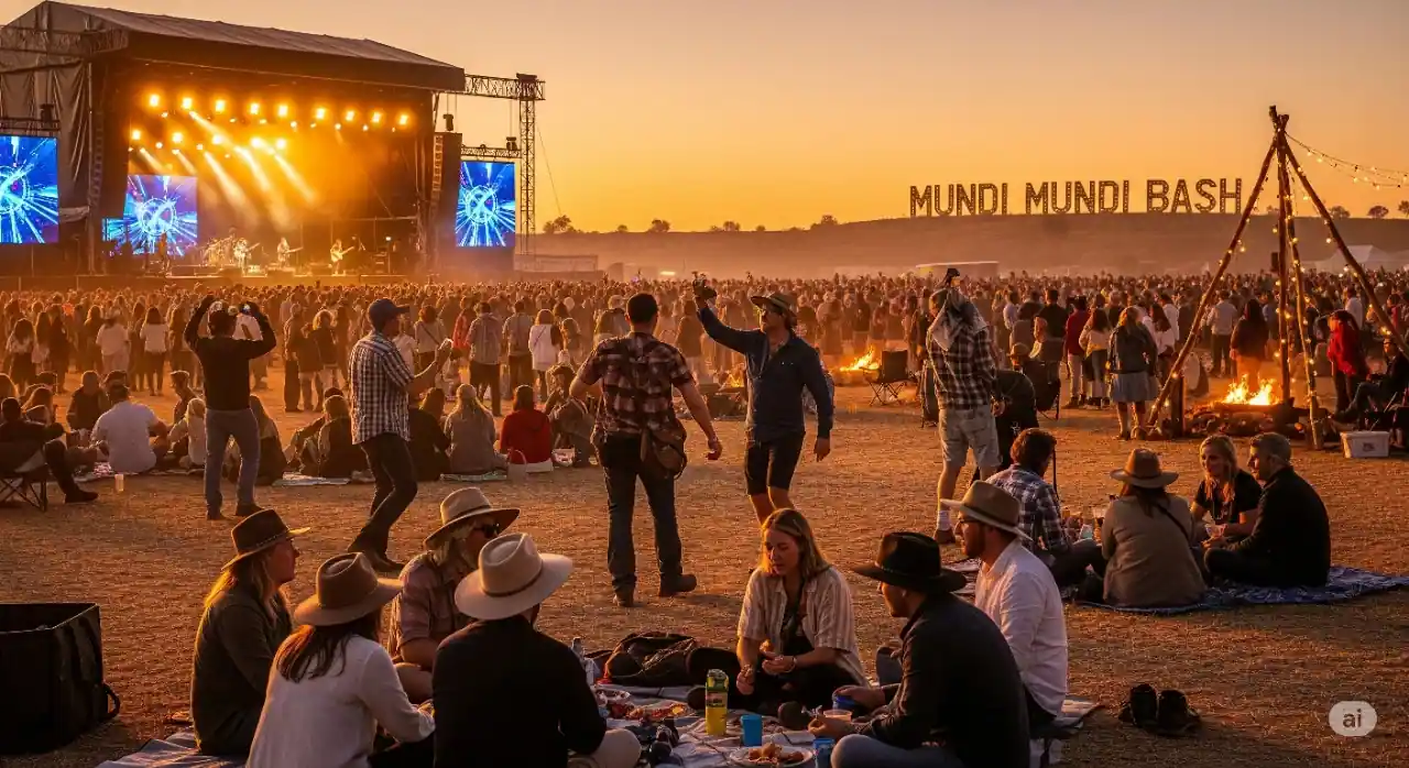 A wide-angle photo of the Mundi Mundi Bash music festival at sunset. A large crowd is gathered in front of a stage