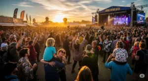 A wide-angle photo of the Mundi Mundi Bash music festival at sunset. A large crowd is gathered in front of a stage