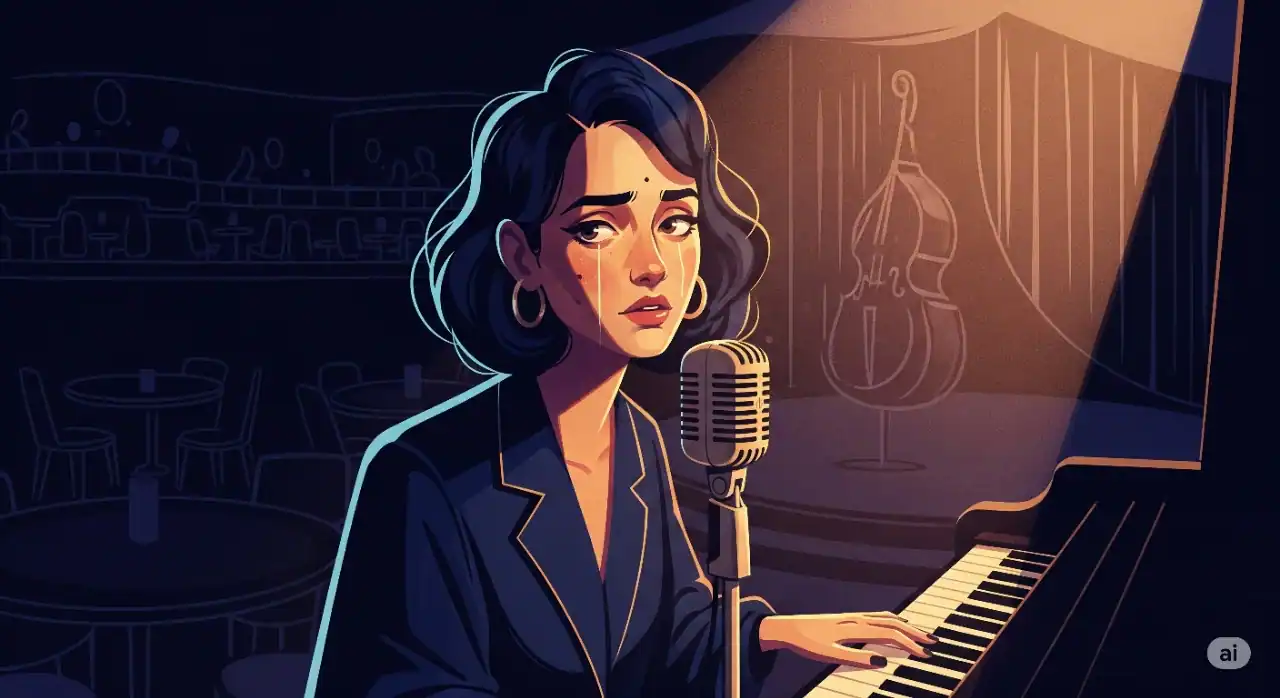 A stylized portrait of jazz-pop artist Laufey playing piano in a dimly lit club.