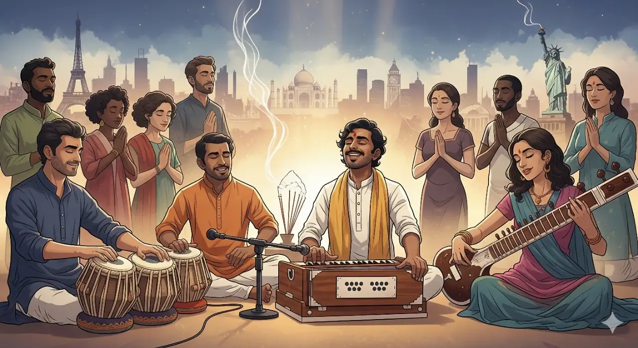 An illustrated image of a group of people from diverse backgrounds, including Indian, Caucasian, and Black individuals, gathered around two musicians playing a harmonium and tabla. In the background, there is a blended cityscape featuring global landmarks like the Taj Mahal, Eiffel Tower, and the Statue of Liberty. The people are smiling, with some having their eyes closed in contemplation, reflecting a sense of peace and shared spirituality.