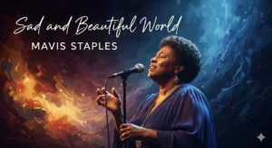 A vibrant, painterly illustration of Mavis Staples, a Black woman with short, curly hair, singing passionately into a microphone. She is wearing a dark blue, flowing dress and a long necklace. Her eyes are closed in emotion as she performs against a dramatic background of swirling blues, purples, oranges, and yellows, suggesting a mix of melancholy and hope. The album title "Sad and Beautiful World" and artist name "MAVIS STAPLES" are subtly integrated into the top left of the image in elegant script.