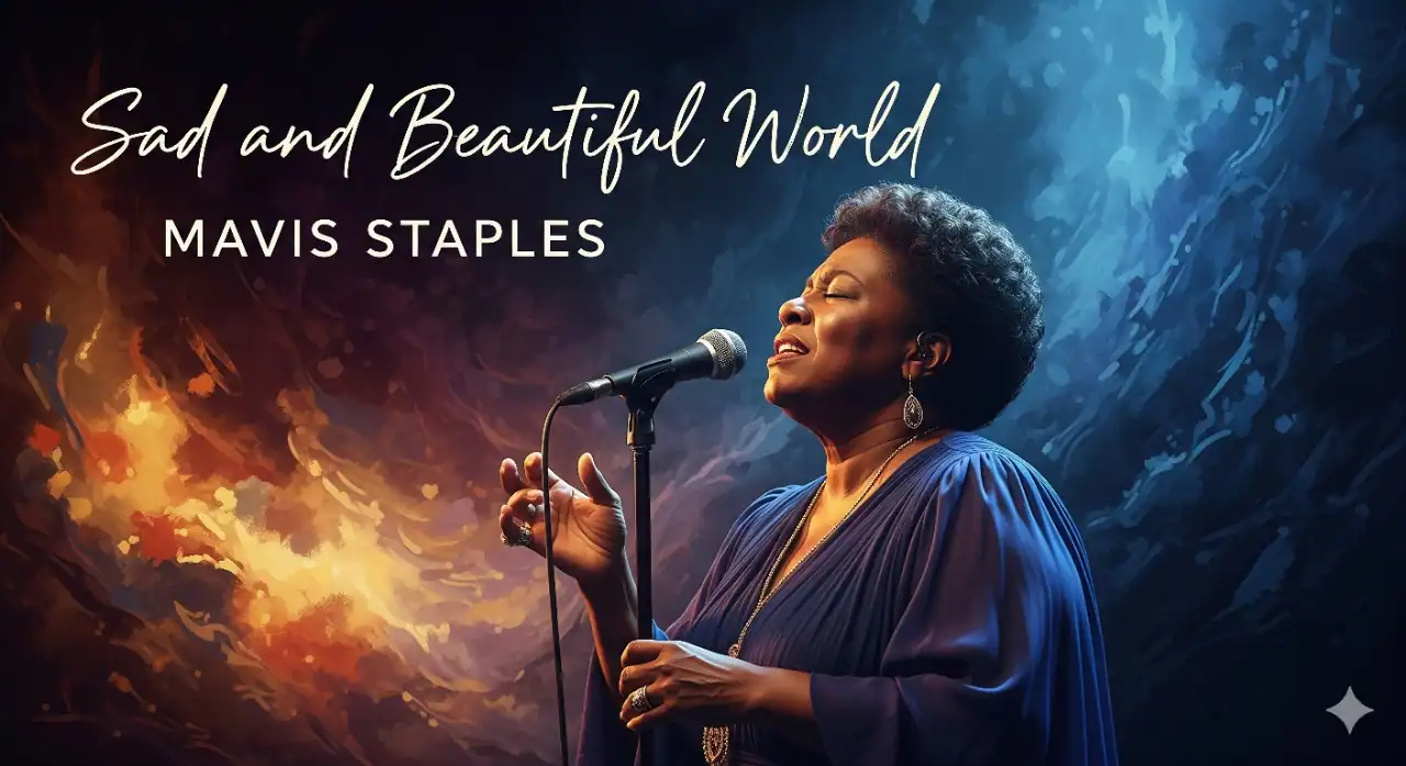 A vibrant, painterly illustration of Mavis Staples, a Black woman with short, curly hair, singing passionately into a microphone. She is wearing a dark blue, flowing dress and a long necklace. Her eyes are closed in emotion as she performs against a dramatic background of swirling blues, purples, oranges, and yellows, suggesting a mix of melancholy and hope. The album title "Sad and Beautiful World" and artist name "MAVIS STAPLES" are subtly integrated into the top left of the image in elegant script.