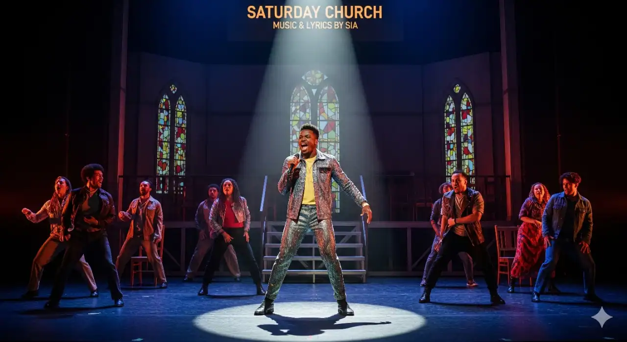 A dynamic stage photo of a musical performance of "Saturday Church." A Black male lead actor, dressed in a sparkling patterned suit, sings into a microphone under a spotlight center stage, with his arms outstretched. Around him, a diverse cast of ensemble members are posed in various energetic positions. The stage set features three large stained-glass window arches, evoking a church interior, with "SATURDAY CHURCH MUSIC & LYRICS BY SIA" illuminated above. The lighting is dramatic, highlighting the performers against a dark background.