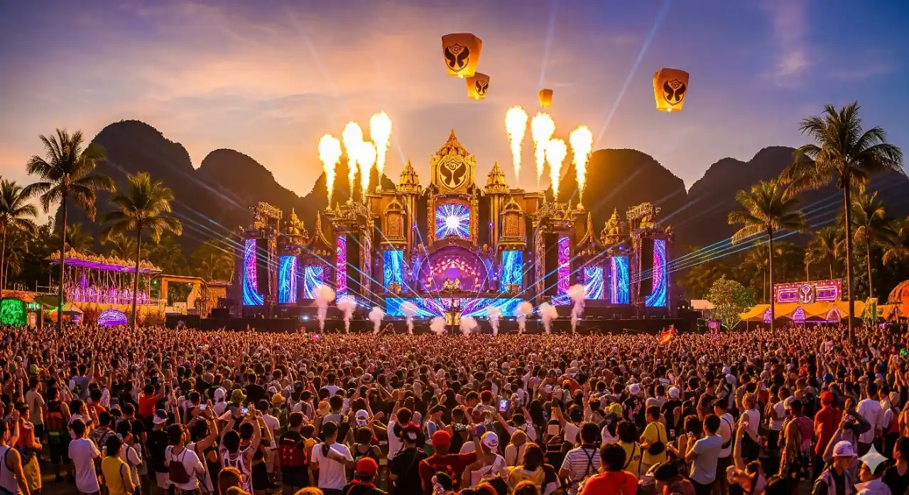 A vibrant, wide-angle photo of a massive music festival. A vast crowd of people fills the lower half of the frame, facing an incredibly ornate and brightly lit main stage. The stage features elaborate architectural details resembling a mystical temple or castle, illuminated with blue, purple, and gold lights, and shooting flames and fireworks into the sky. Large, illuminated lanterns float above the crowd. Palm trees and lush green mountains are visible in the background under a dramatic sunset sky. The Tomorrowland logo is subtly integrated into the stage design.
