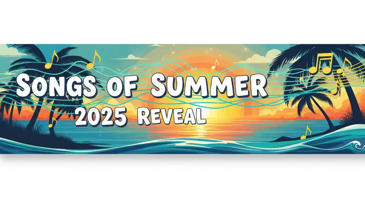 Spotify Songs of Summer 2025 Reveal A banner with the text "Songs of Summer 2025 Reveal" set against a tropical sunset scene with palm trees, a calm ocean, and musical notes.