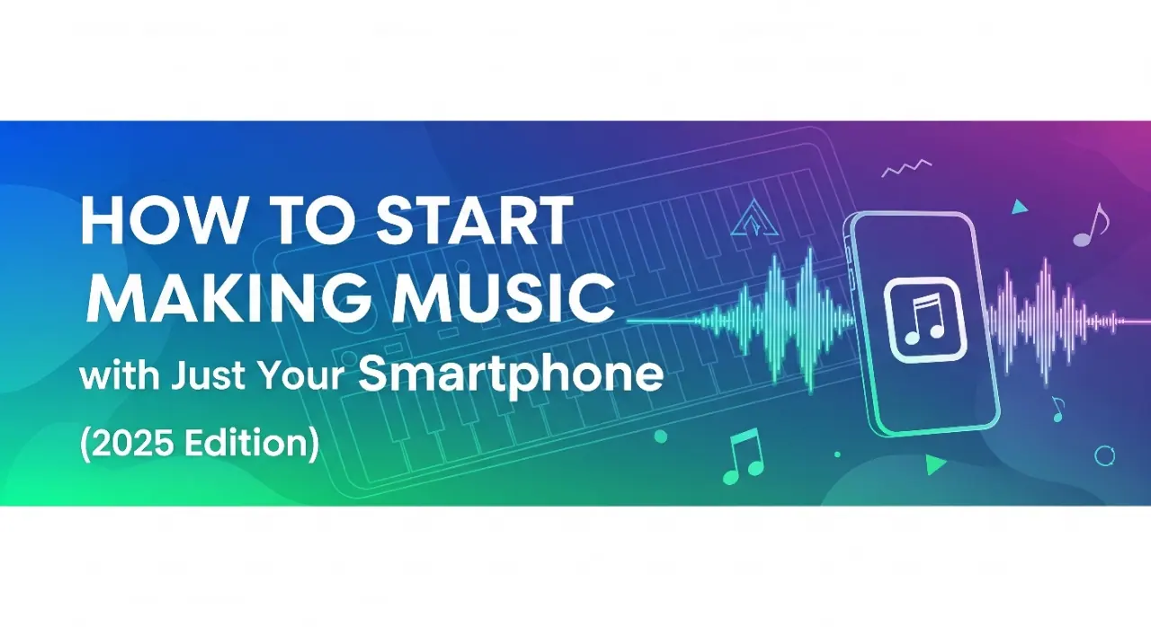 A colorful, abstract banner featuring a smartphone icon with a play button, a sound wave visual, and musical notes. The text reads "HOW TO START MAKING MUSIC with Just Your Smartphone (2025 Edition).