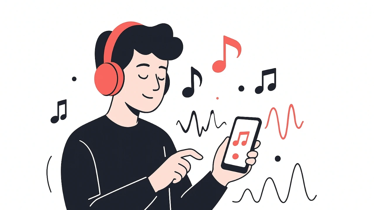 Flat-style digital illustration of a young person producing music on a smartphone with headphones, glowing music notes, waveforms, and minimal studio vibe on white background with red and black accents.