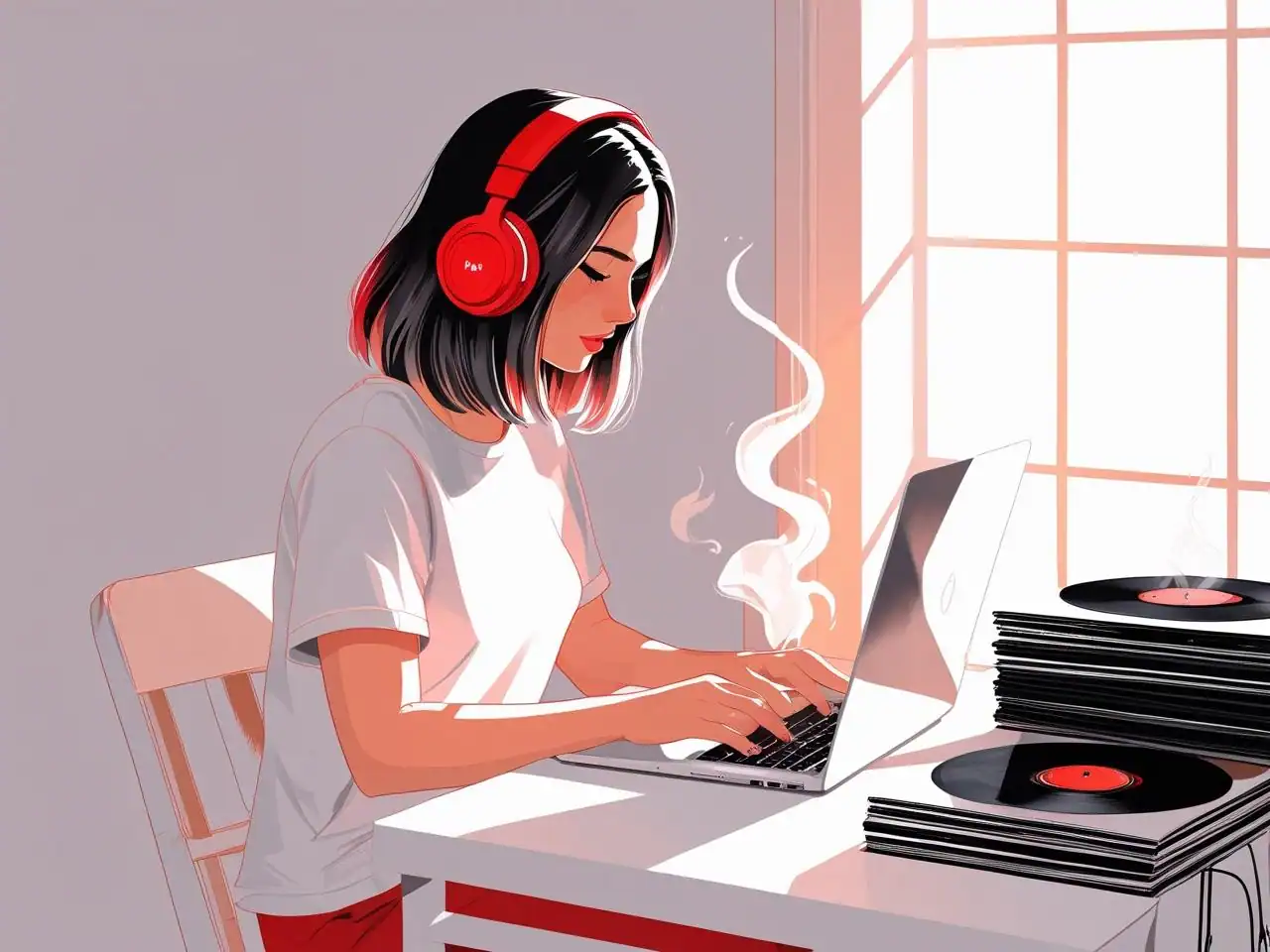 Minimalist digital illustration of a person wearing headphones, sitting by a desk or window with a laptop, coffee mug, and music accessories. Designed in red and black with a white background, capturing the relaxed mood of lofi hip-hop.