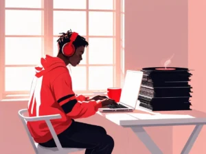Minimalist digital illustration of a person wearing headphones, sitting by a desk or window with a laptop, coffee mug, and music accessories. Designed in red and black with a white background, capturing the relaxed mood of lofi hip-hop.