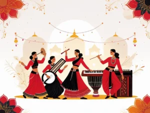 Digital illustration of an Indian music festival featuring musicians playing tabla, dhol, sitar, and harmonium, with dancers in red and black attire set against a white background, symbolizing cultural celebration and rhythm.