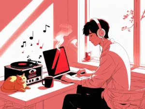 Minimalist digital illustration of a person wearing headphones, sitting by a desk or window with a laptop and coffee, surrounded by lofi elements like music notes and a sleeping cat, in red and black on a white background.