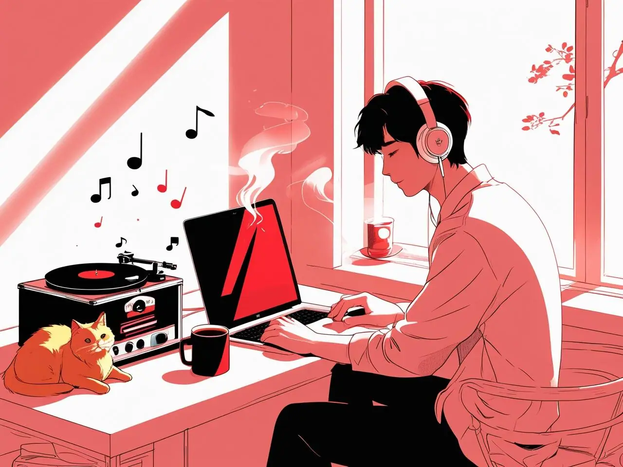 Minimalist digital illustration of a person wearing headphones, sitting by a desk or window with a laptop and coffee, surrounded by lofi elements like music notes and a sleeping cat, in red and black on a white background.