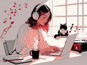 Minimalist digital illustration of a person wearing headphones, sitting by a desk or window with a laptop and coffee, surrounded by lofi elements like music notes and a sleeping cat, in red and black on a white background.