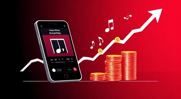 Conceptual illustration showing digital music streaming transforming into monetary returns, symbolizing music royalties and income.