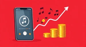 Conceptual illustration showing digital music streaming transforming into monetary returns, symbolizing music royalties and income.