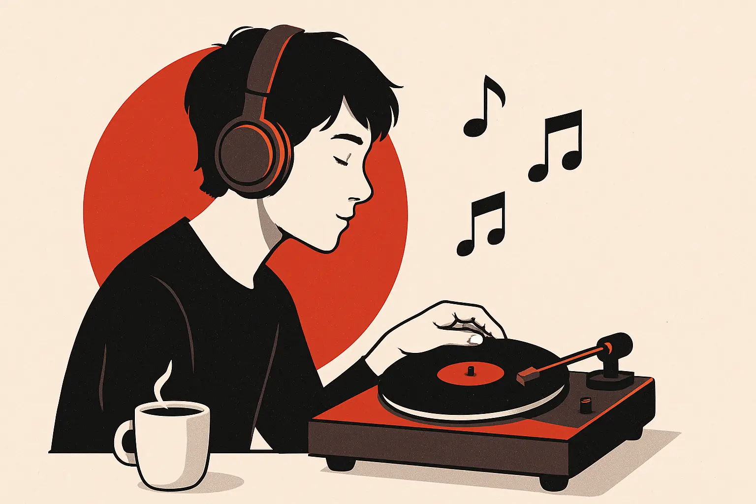 Aesthetic digital artwork representing lo-fi music with red, black, and white tones, perfect for an international chillhop playlist