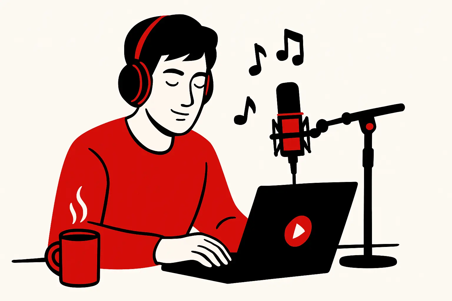 Minimalist digital illustration of a young Indian creator with headphones and a laptop, symbolizing the start of a lo-fi YouTube channel.