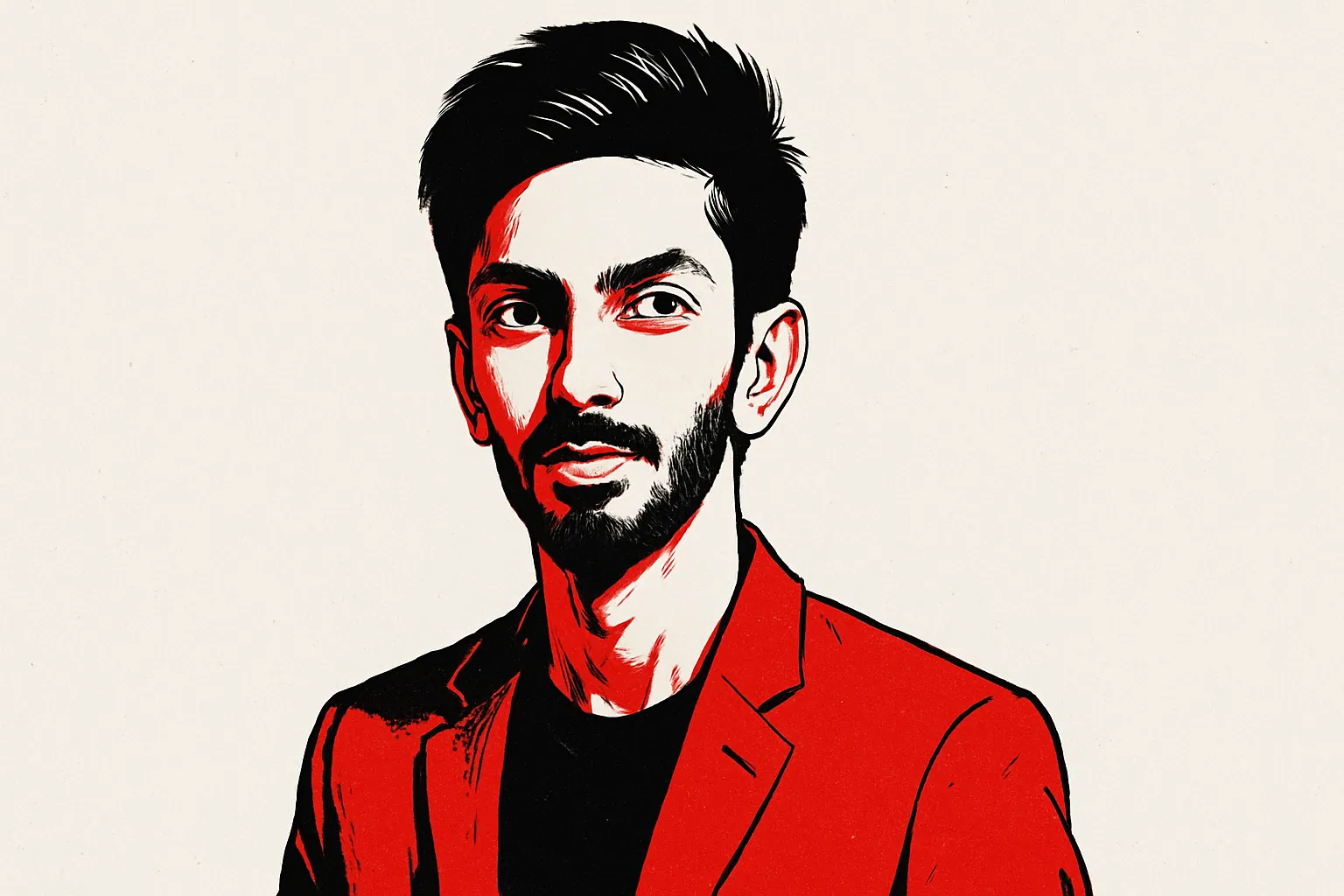 High-contrast digital illustration of Anirudh Ravichander in red and black on a white background, capturing his iconic presence as a new-age South Indian music composer.
