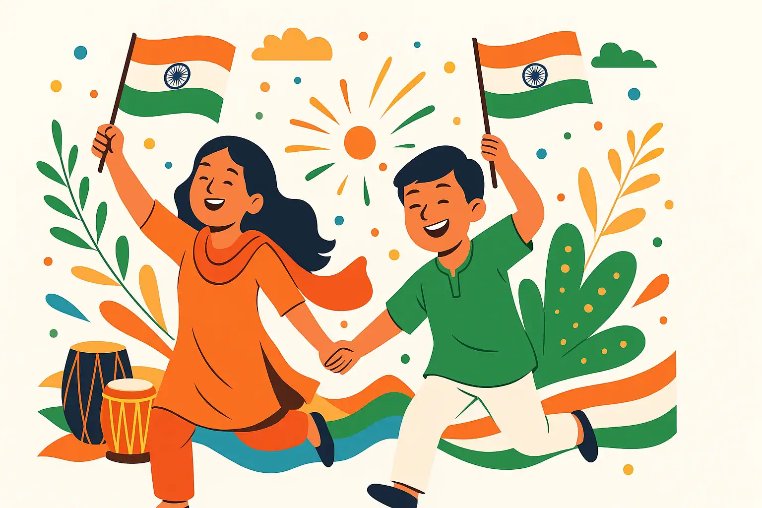 Colorful digital illustration of young people celebrating 15 August with music and Indian cultural elements.