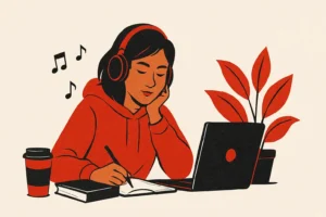 Digital illustration of a young Indian student listening to lo-fi hip-hop music with headphones in a red and black theme on white background