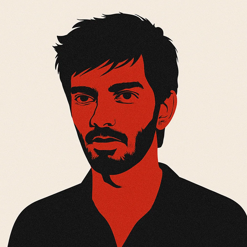Minimalist digital portrait of a young South Asian man in red and black on a white background, symbolizing the cultural impact of “Why This Kolaveri Di,” India’s first viral music hit.