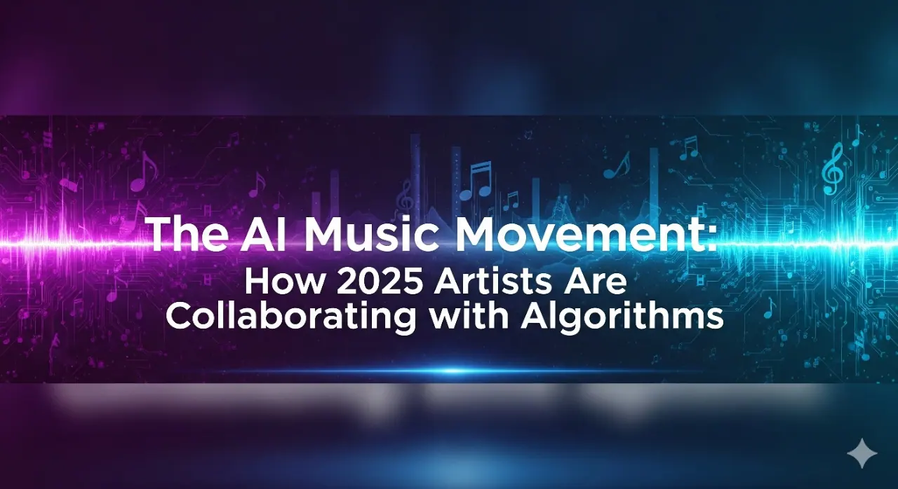 An abstract, futuristic banner with a purple and blue gradient background, featuring glowing circuit board patterns and musical notes. The text reads: "The AI Music Movement: How 2025 Artists Are Collaborating with Algorithms.