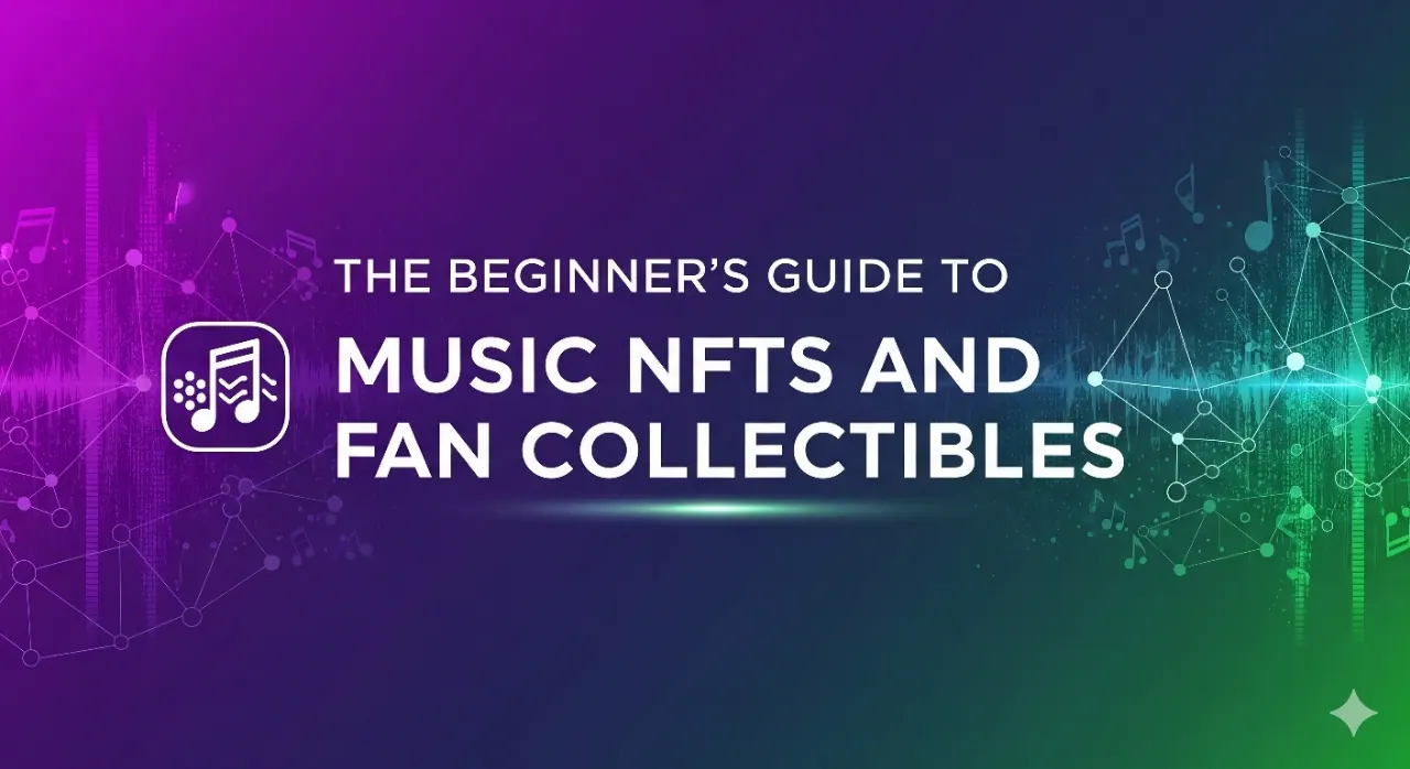 An abstract, gradient banner from purple to green, featuring a white music note icon on a dark square. The background includes subtle geometric patterns and glowing lines. The text reads: "THE BEGINNER'S GUIDE TO MUSIC NFTs AND FAN COLLECTIBLES."