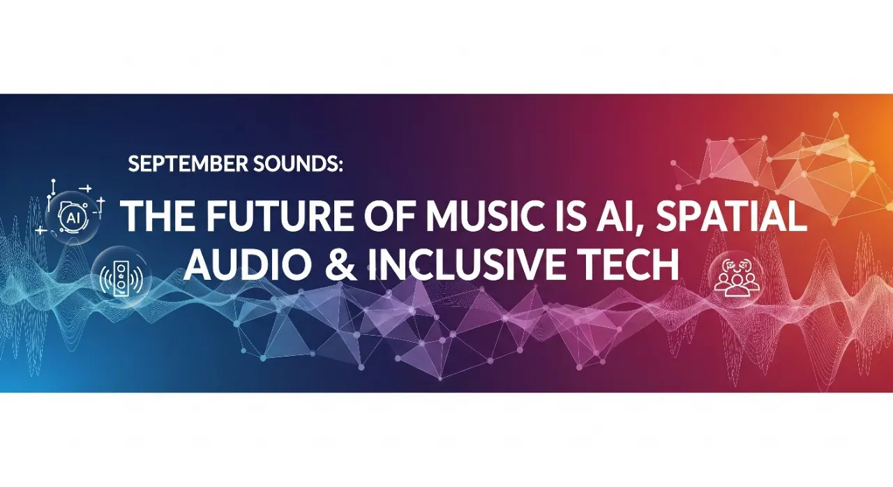 A vibrant, gradient banner transitioning from dark blue to orange, with abstract wave patterns and connected geometric shapes. Icons representing AI, spatial audio, and inclusive technology are present alongside the text: "SEPTEMBER SOUNDS: THE FUTURE OF MUSIC IS AI, SPATIAL AUDIO & INCLUSIVE TECH."